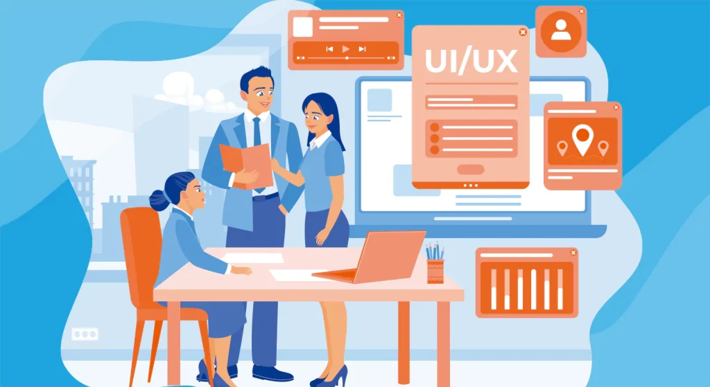 Illustration of a team of business consultants brainstorming ideas for a UX design project in New York.