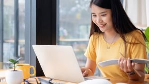 Image showing a classroom setting with students engaging in the Self-Regulated Strategy Development (SRSD) process, working on writing assignments with guidance from a teacher.
