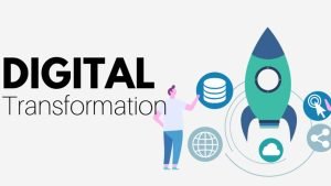 Illustration of a business embracing digital transformation with various technologies like cloud computing, AI, and IoT